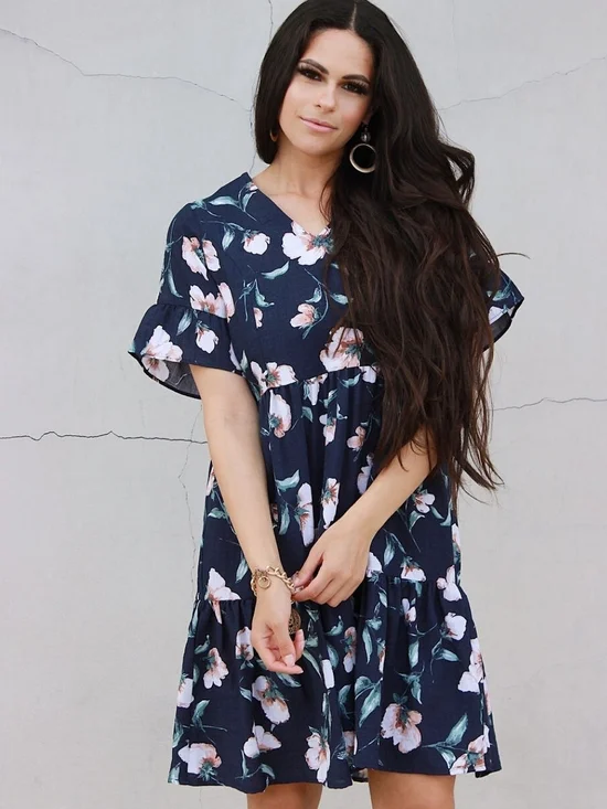 Nursing Queen Navy Floral Tiered Nursing Dress with Pink Blooms Size 2X - Picture 1 of 9